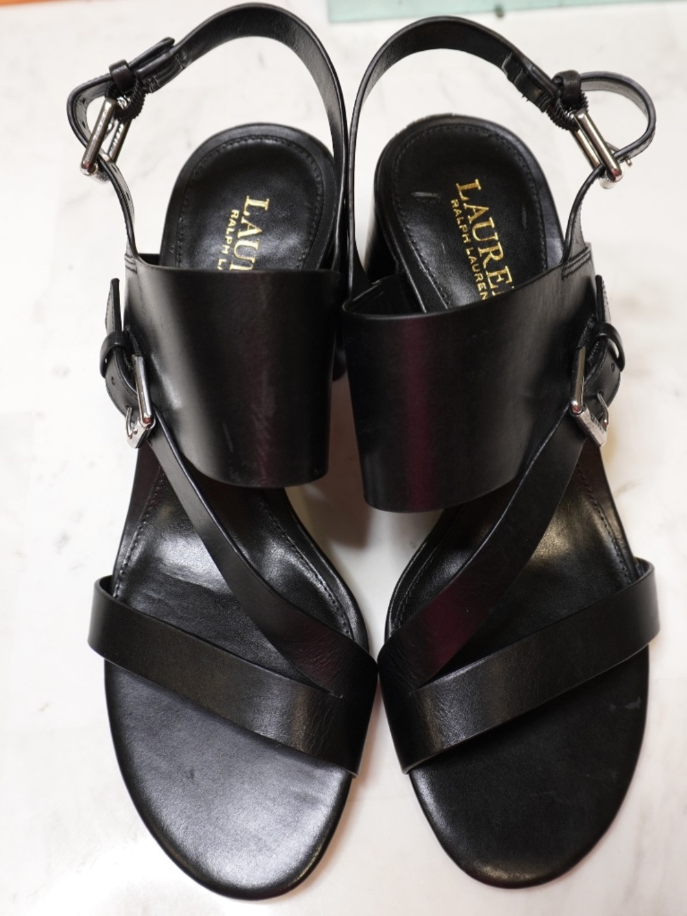 NEW Ralph Lauren Florin black leather sandals, Size 7.5